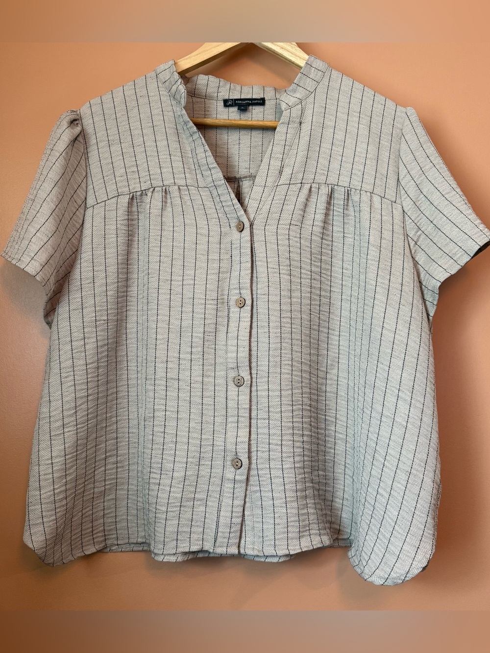 Adrianna Papell Size XL Beige Pinstripe Puff Sleeve Button Front Career Blouse